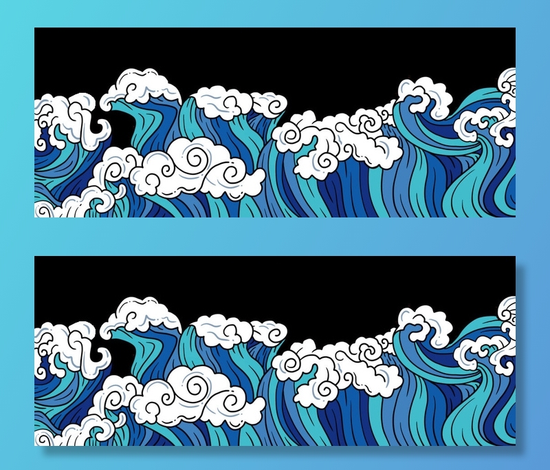 中国风国潮插画海浪波浪背景装饰浪花图案元素