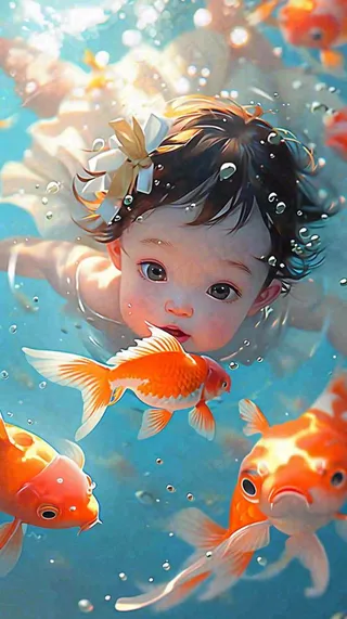 夏天泳池婴儿小孩游泳玩耍金鱼锦鲤，小暑大暑