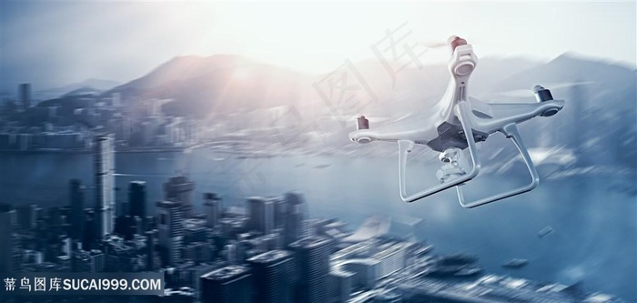 无人机与模糊城市景色高清图