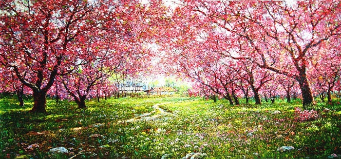 樱花林油画风景图片