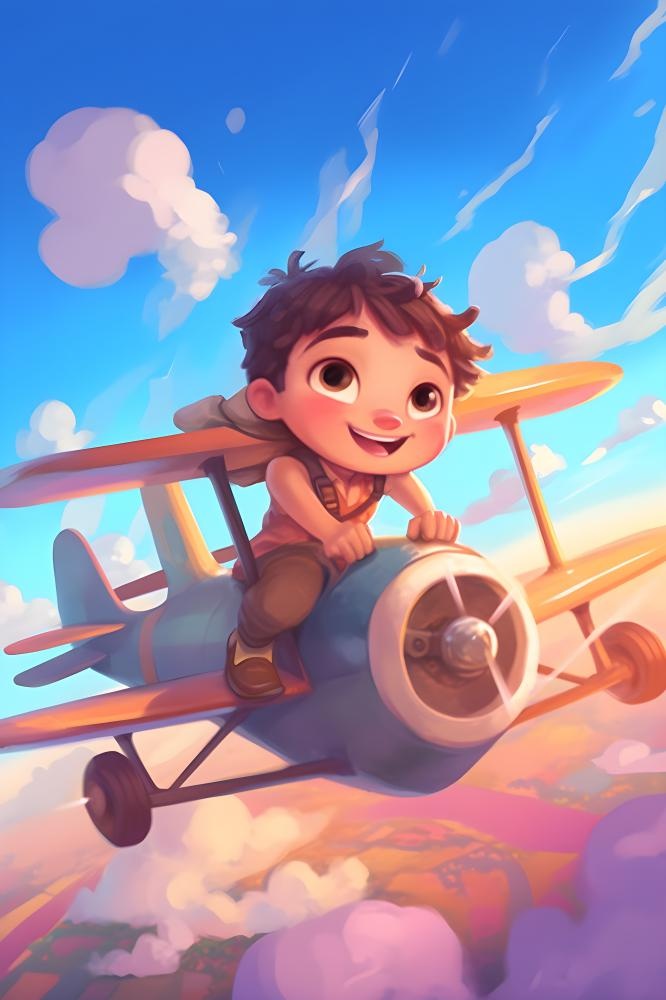 天空遨游飞机人物云朵晚霞插画背景(3584x5376)