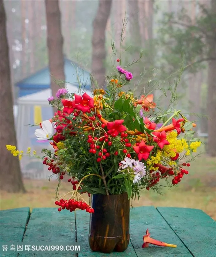 树林小木屋前的花束