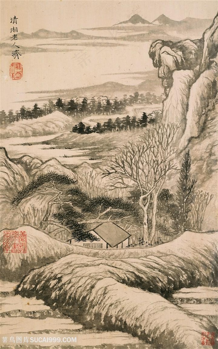 清代画家石涛山水花卉图山中小屋国画图片