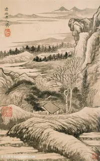 清代画家石涛山水花卉图山中小屋国画图片 清代画家石涛山水花卉图山中小屋国画图片