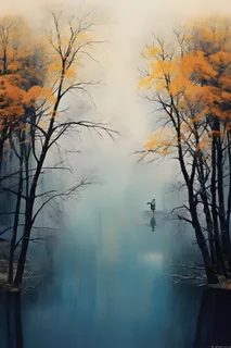 秋叶树木河面俯视摄影