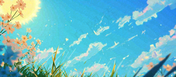 春天清新草地小花蓝天白云，鲜花向阳手绘插画(1632x720)