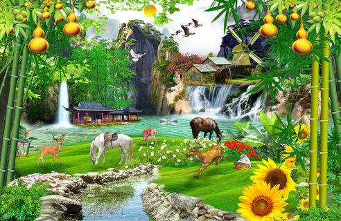 清新流水生财木房花卉双马金葫芦风景