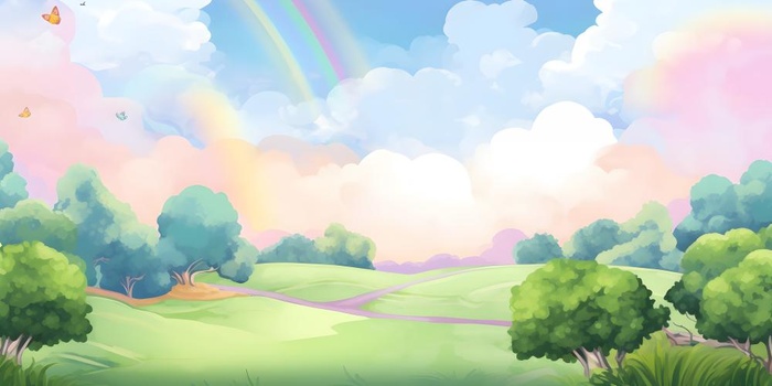春天蓝天白云彩虹树林草坪手绘插画风景海报素材背景(6144x3072)