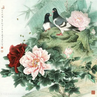 李晓明牡丹与鸟国画图片