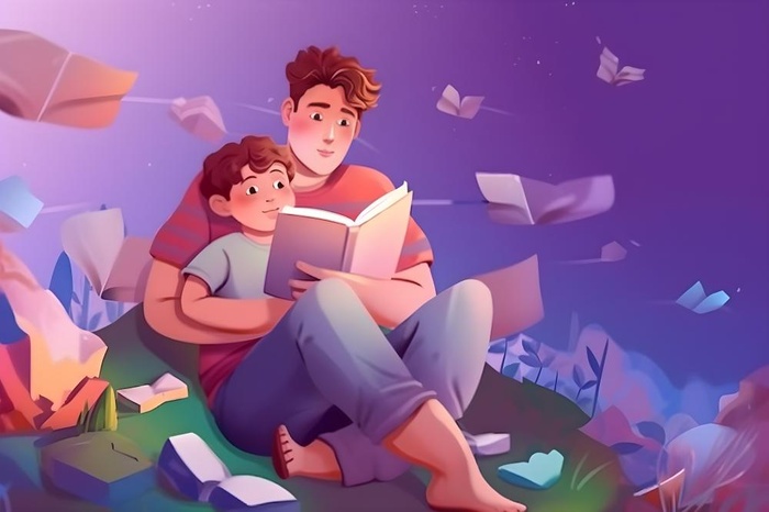 父亲爸爸抱着孩子看书阅读背景