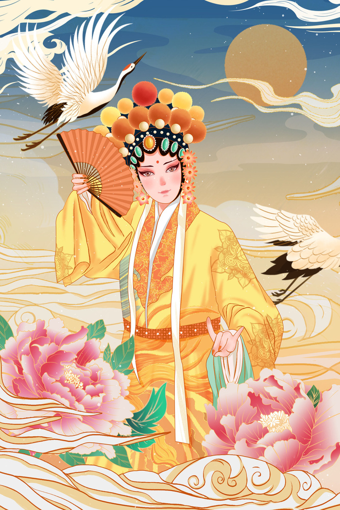 手绘中国风国潮京剧戏曲人物插画古风国粹花旦ai矢量ps设计素材图