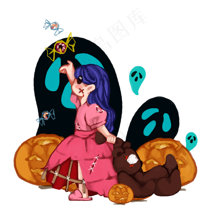 万圣节节日可爱卡通素材南瓜小女孩