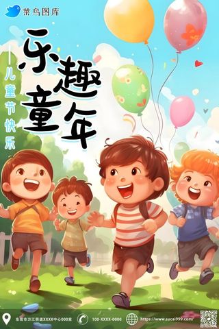 儿童节小孩人物草丛树气球欢快海报