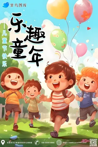儿童节小孩人物草丛树气球欢快海报