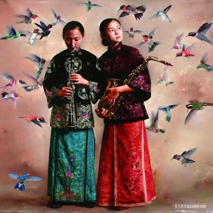 飞鸟女性旗袍油画