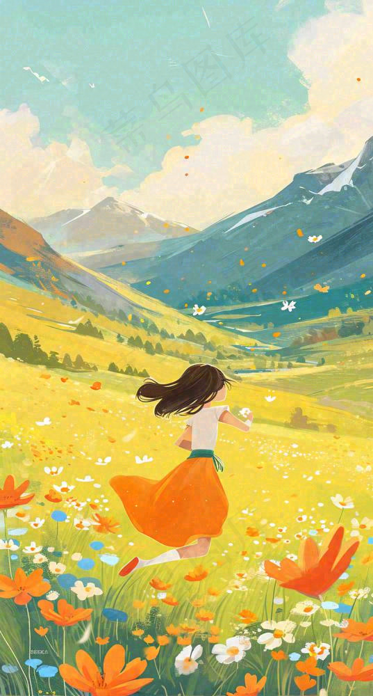 春日浪漫山脉鲜花草坪里的女孩，油画手绘插画，春分(800x1488)