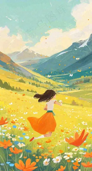 春日浪漫山脉鲜花草坪里的女孩，油画手绘插画，春分