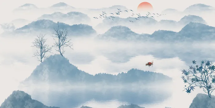 水面日出山川风景画PSD素材