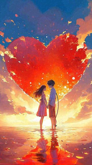 情人节浪漫情人爱心落日蓝天唯美，情侣亲吻爱情，卡通手绘插画