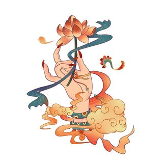 禅意佛手拈花指莲花佛珠敦煌文化线描稿国潮风元素设计模板素材