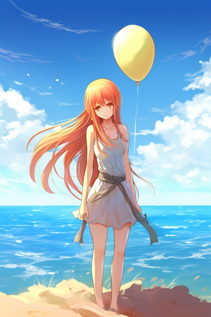 夏日少女在海边沙滩游玩卡通插画素材(x)