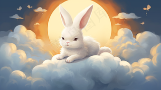 白兔趴着云朵上月亮中秋插画背景