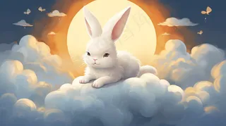 白兔趴着云朵上月亮中秋插画背景