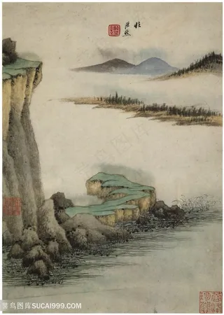 清代巨然仿古画册巨石寒烟国画图片