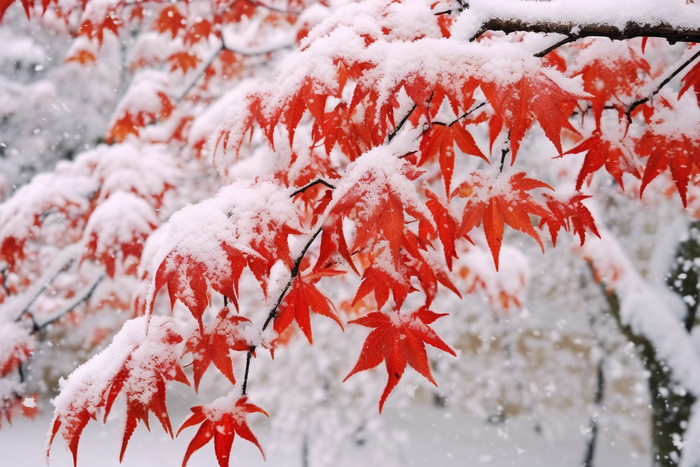 冬天雪景枫叶树上盖满了白雪摄影图