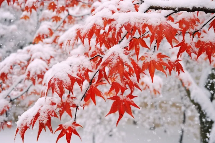 冬天雪景枫叶树上盖满了白雪摄影图(4032x2688)