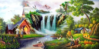 油画乡村山水背景墙