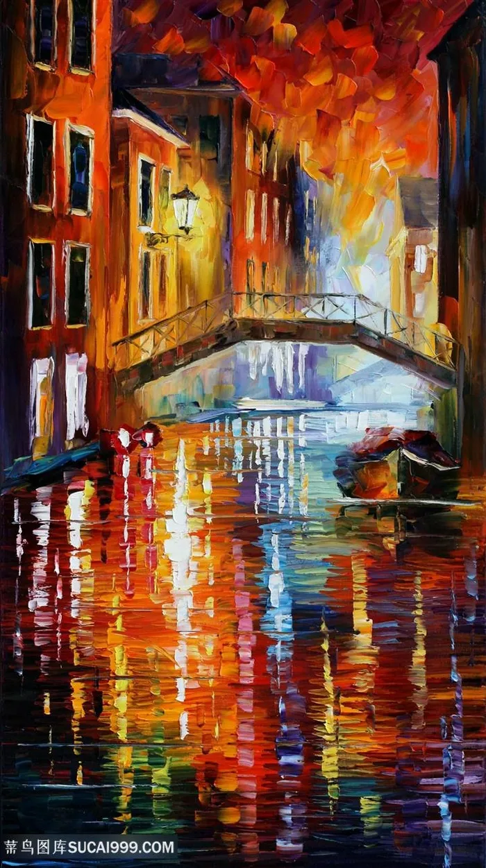 湖畔建筑美景油画装饰画
