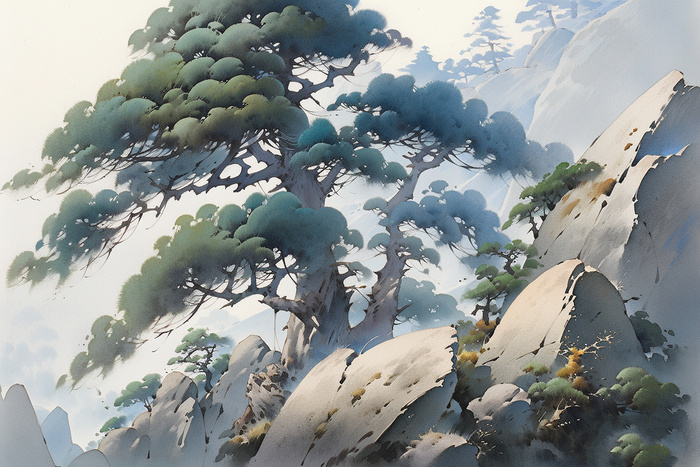 黄山迎客松风景水彩松树风光墨绿色插画