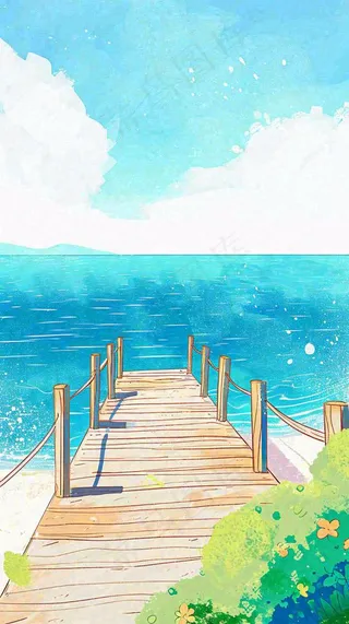 海边沙滩玩耍旅行夏日假期游玩手绘插画，可爱清新，夏至小暑大暑