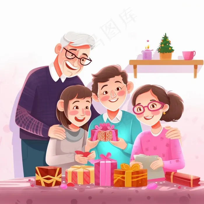 一家人家庭照礼物开心欢乐天伦之乐卡通插画素材背景(1024x1024)