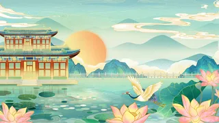 中国风国潮烫金仙鹤山水古建筑风景装饰插画背景PSD分层设计素材