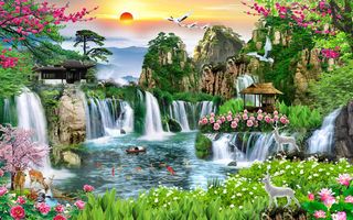 流水生财山水花卉木房小鹿风景