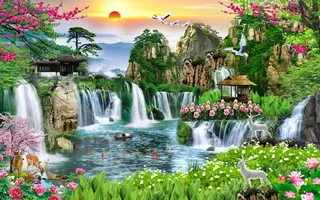 流水生财山水花卉木房小鹿风景