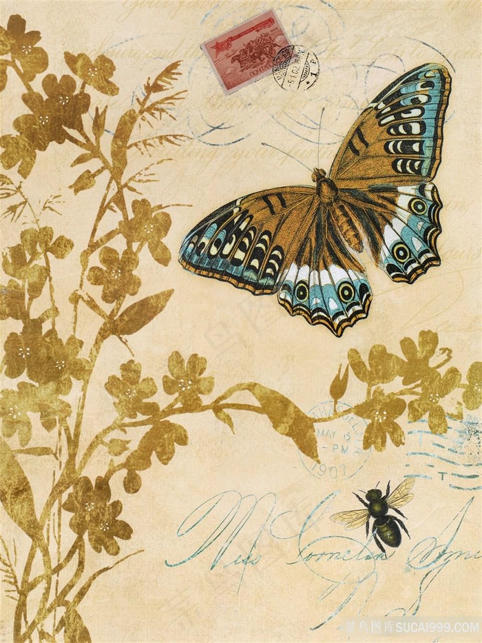 欧美装饰画花鸟蝴蝶邮票
