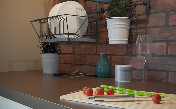 建模渲染效果图现代主义厨房台面 切蔬菜水果的砧板 绿植装饰