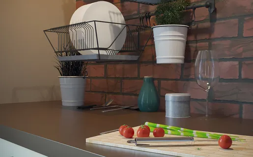 建模渲染效果图现代主义厨房台面 切蔬菜水果的砧板 绿植装饰