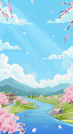 春天浪漫粉色樱花山脉河流蓝天白云清新手绘扁平插画，立春惊蛰