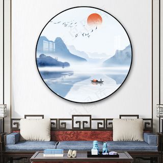 中国风山水花鸟日出帆船清流长流鸿运当头客厅卧室玄关画酒店装饰画壁画挂画