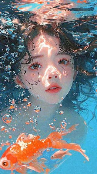 阳光水底光照游泳长发美人，鱼类金鱼，水气泡