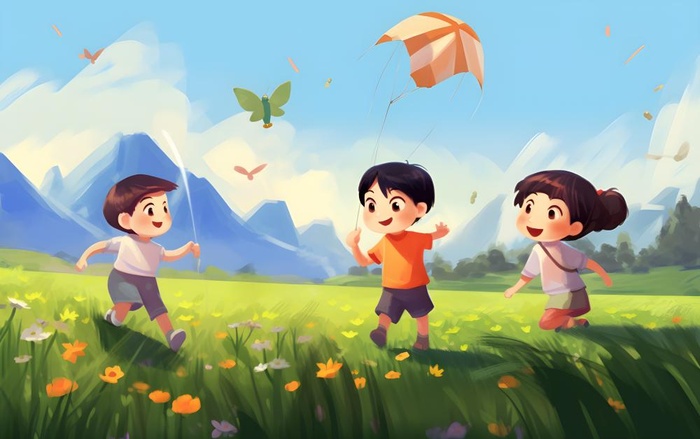 儿童孩子们大自然草原森林游玩卡通背景