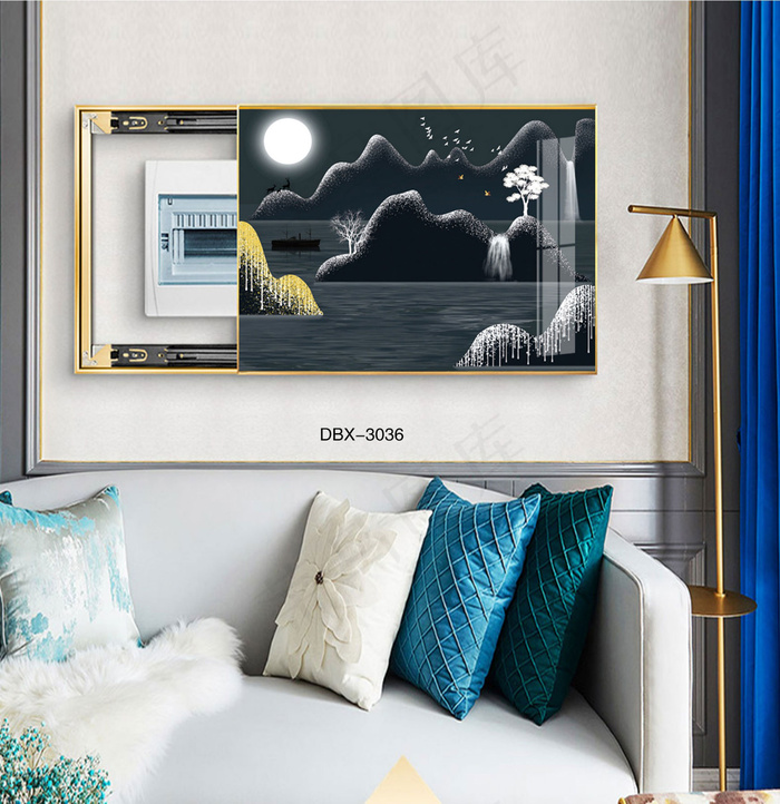 大气时尚家居室内装饰场景客厅沙发卧室床铺电表箱壁画背景图轻奢山水月夜图