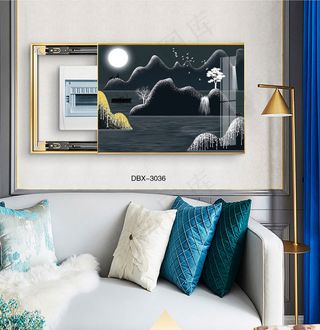 大气时尚家居室内装饰场景客厅沙发卧室床铺电表箱壁画背景图轻奢山水月夜图
