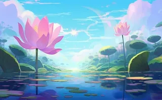 夏日荷花池塘天空插画背景