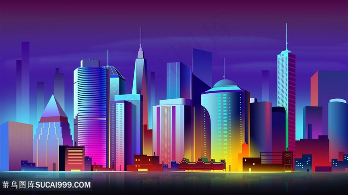 绚丽多彩彩色建筑剪影城市背景