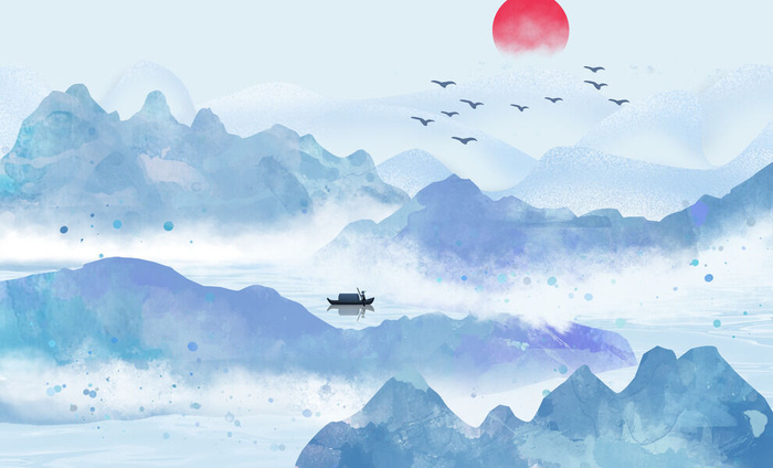 日出山水风绘画PSD素材